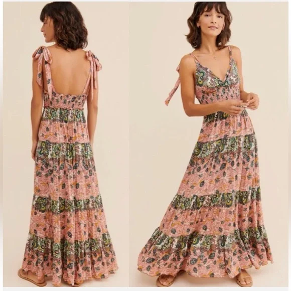 Free People Let’s Smock About It Boho Tiered Mixed Print Maxi Dress Size Small - Picture 2 of 14